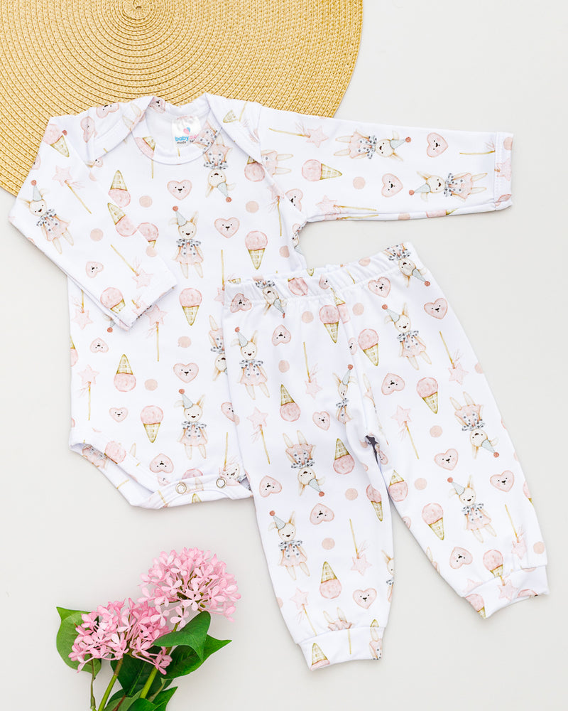 Conjunto Body Calça Bebê Térmico Branco Estampado Sorvete Bolinhas