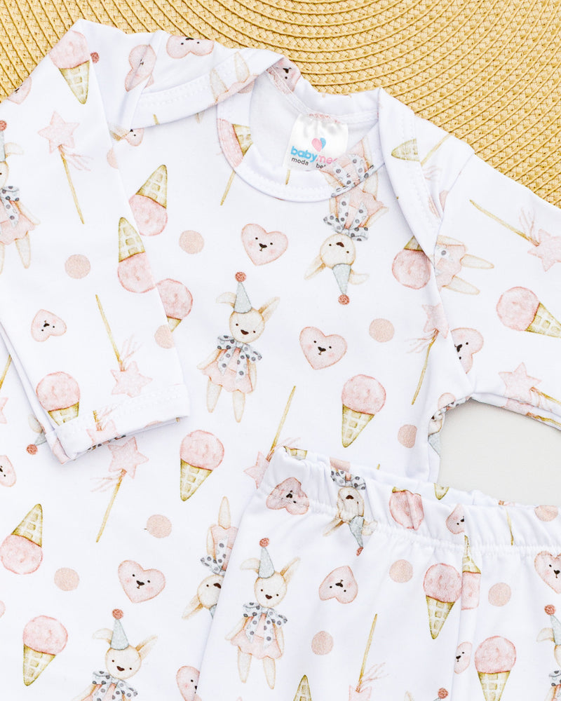 Conjunto Body Calça Bebê Térmico Branco Estampado Sorvete Bolinhas