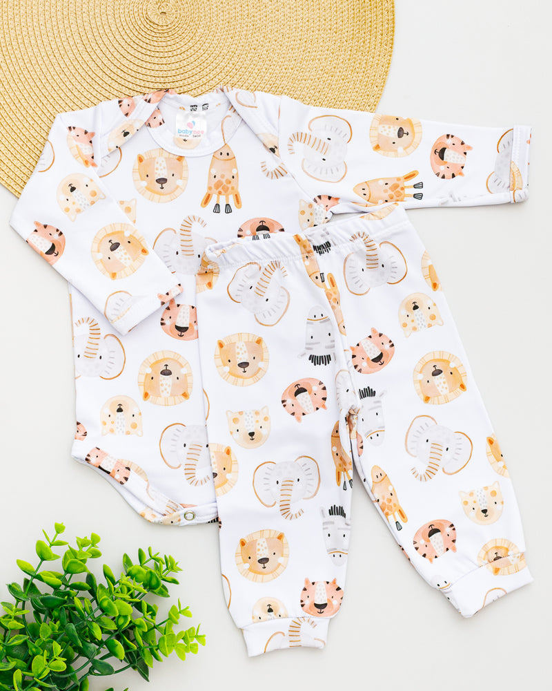 Conjunto Body Calça Bebê Térmico Branco Estampado Elefante
