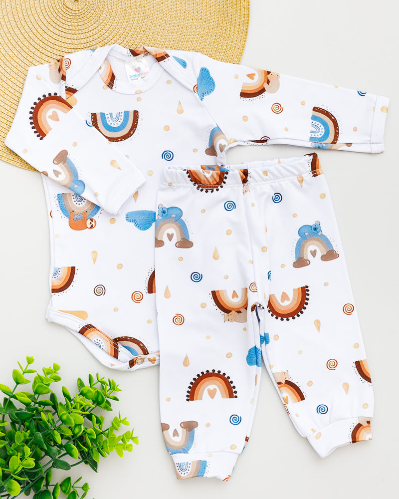 Conjunto Body Calça Bebê Térmico Branco Estampado Coala Arco-íris