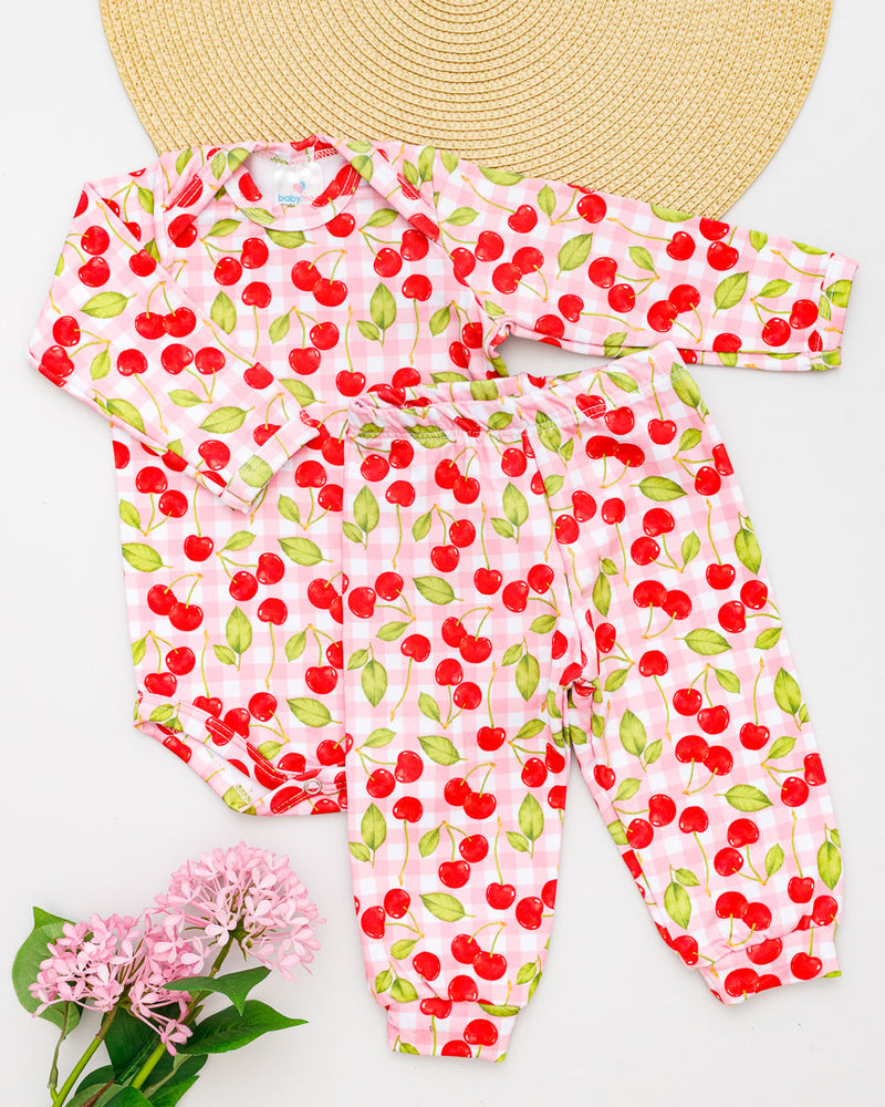 Conjunto Body Calça Bebê Térmico Estampado Cereja