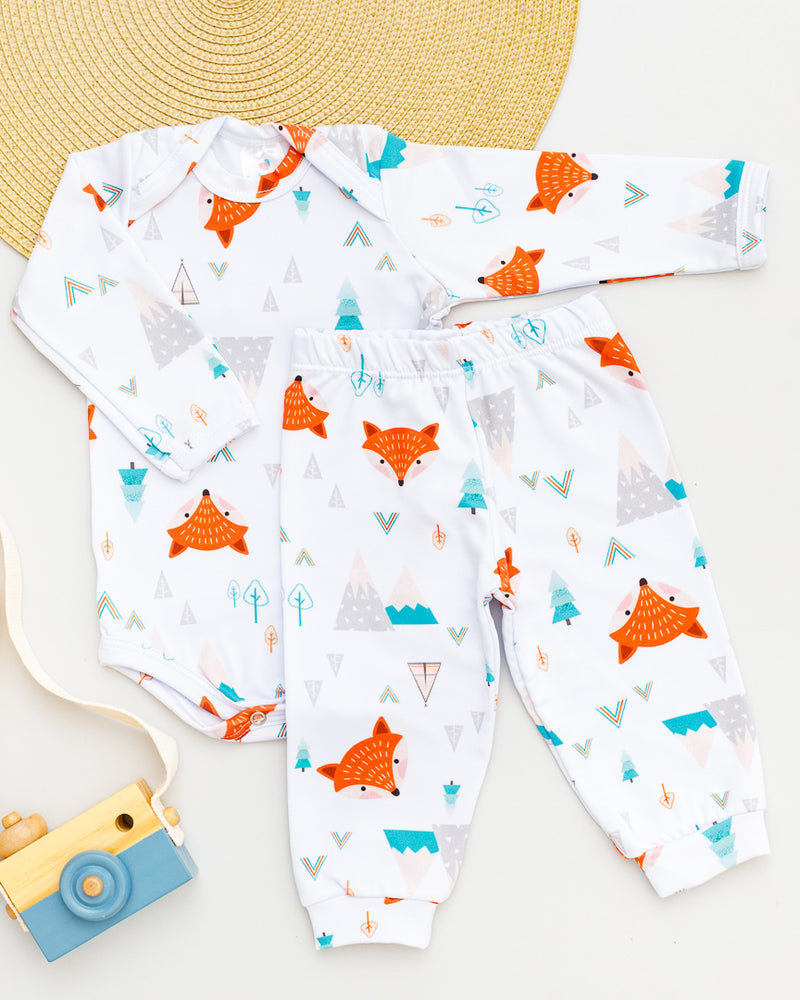 Conjunto Body Calça Bebê Térmico Branco Estampado Raposinha Laranja