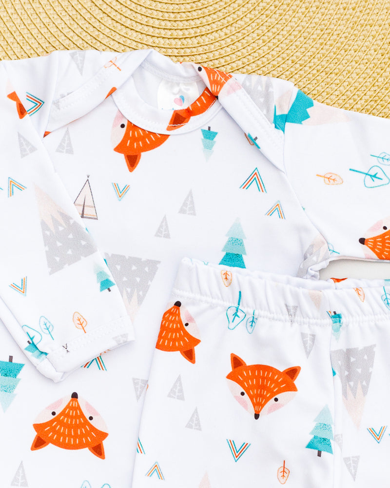 Conjunto Body Calça Bebê Térmico Branco Estampado Raposinha Laranja