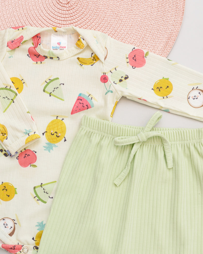 Conjunto Bebê Body Calça Canelada Estampado Frutinhas Verde Clara