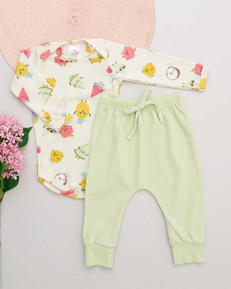 Conjunto Bebê Body Calça Canelada Estampado Frutinhas Verde Clara