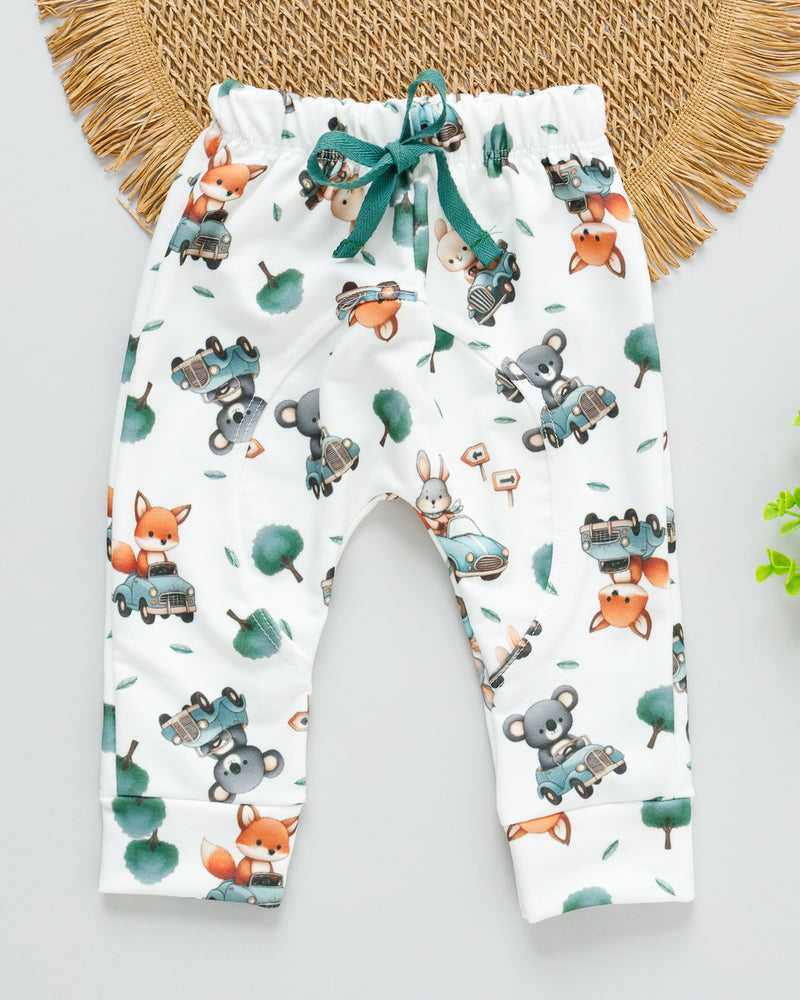 Calça Bebê MoleCotton Branco Estampado Bichos Carrinho