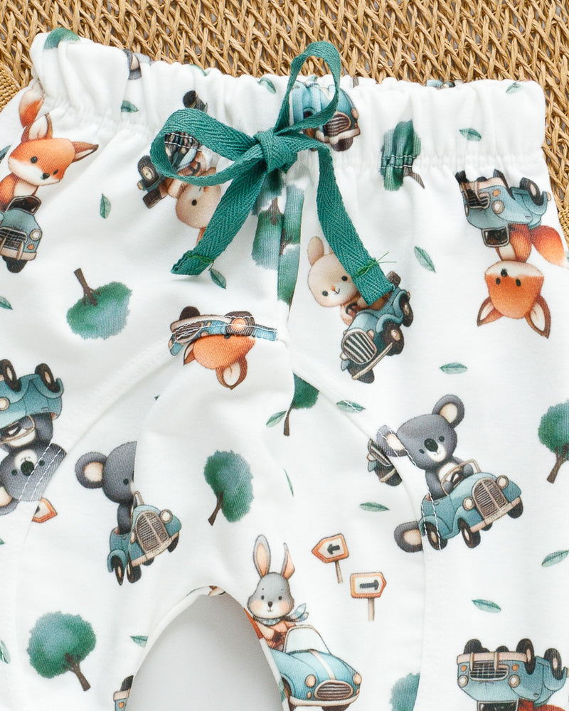 Calça Bebê MoleCotton Branco Estampado Bichos Carrinho