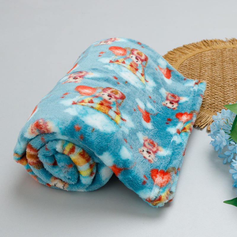 Manta para Bebê Fleece Cor Azul Estampado Ursinho Coração