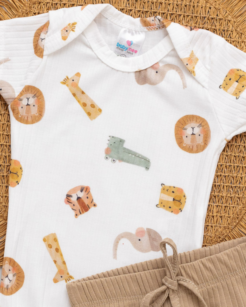 Conjunto Body e Tapa Fralda Canelado Bebê Estampado Jacaré