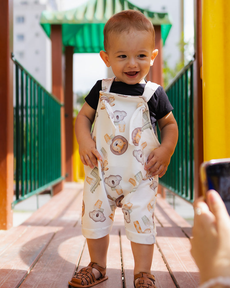 Jardineira Bebê Molecotton Branco Estampado Bichinhos
