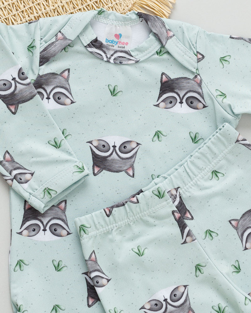 Conjunto Body Calça Bebê Térmico Estampado Guaxinim