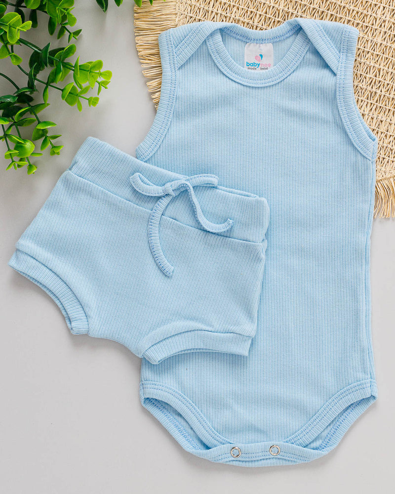 Conjunto Body Regata Canelado Azul Bebê com Tapa Fralda
