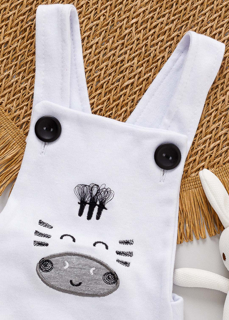 Jardineira Bebê Romper Suedine Branco Zebra Bordado