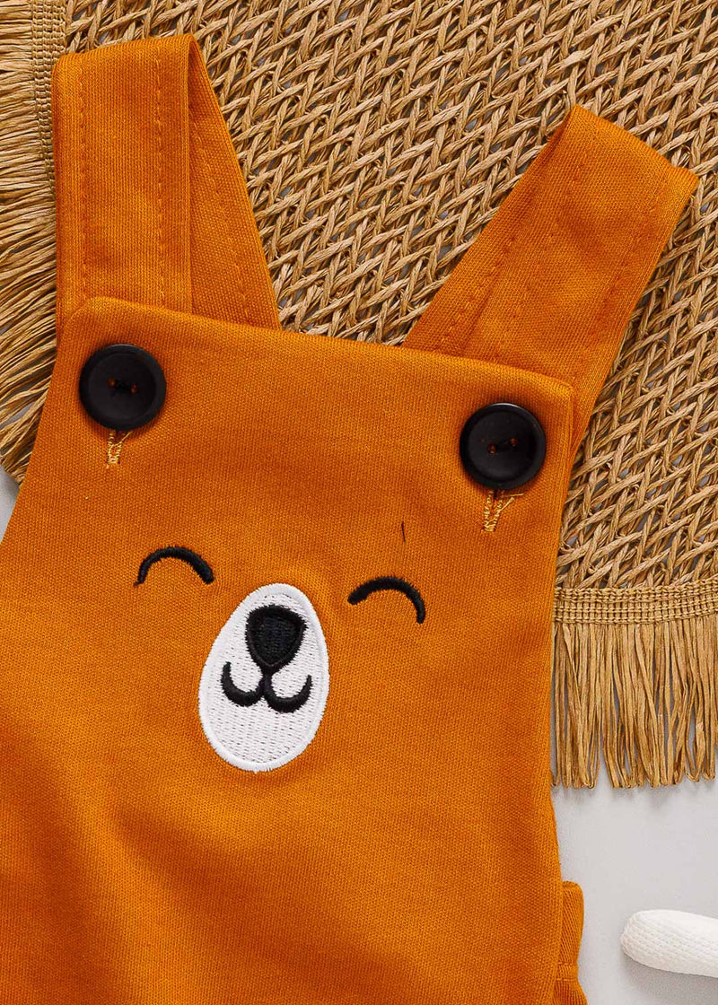 Jardineira Bebê Romper Suedine Caramelo Bordado Urso