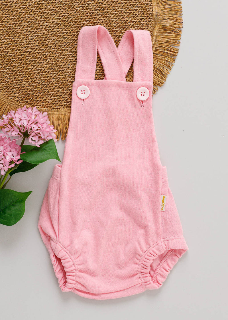 Jardineira Bebê Romper Suedine Rosa Liso