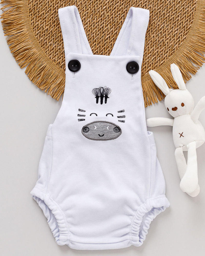 Jardineira Bebê Romper Suedine Branco Zebra Bordado