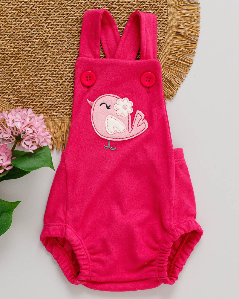 Jardineira Bebê Romper Suedine Rosa Pink Bordado Passarinho