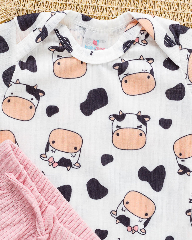Conjunto Body e Tapa Fralda Bebê Canelado Estampado Vaquinha