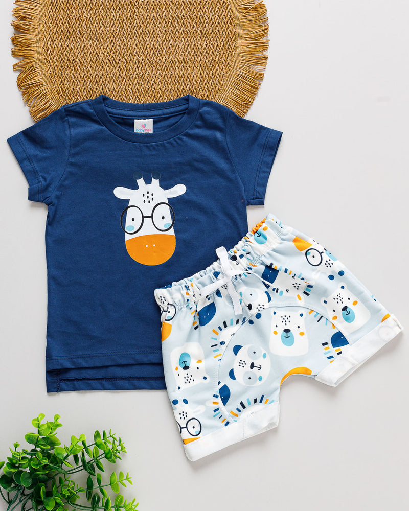 Conjunto Camiseta Long Line Curta Bebê Azul e Bermuda Saruel MoleCotton Girafa