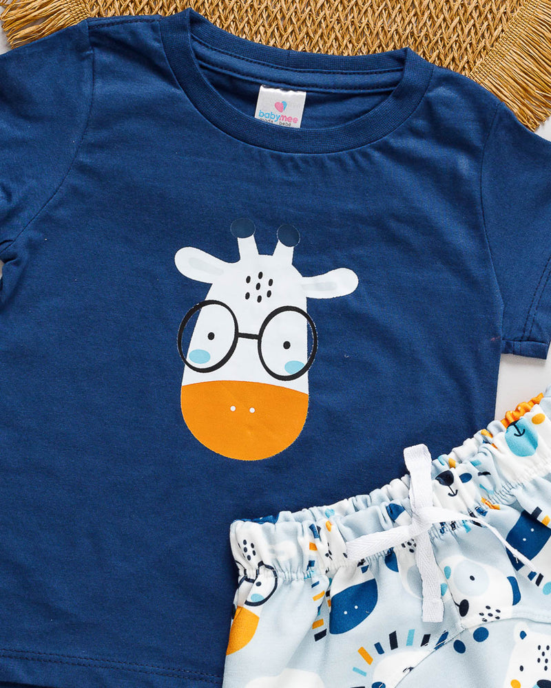 Conjunto Camiseta Long Line Curta Bebê Azul e Bermuda Saruel MoleCotton Girafa