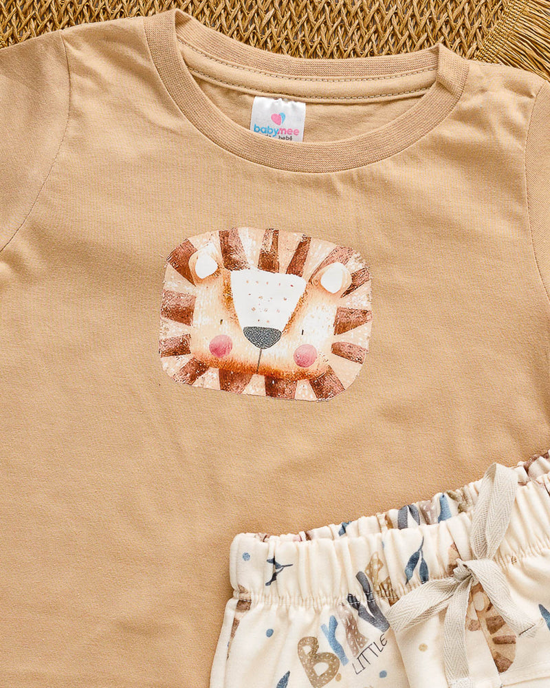 Conjunto Camiseta Long Line Curta Bebê Marrom e Bermuda Saruel MoleCotton Leão