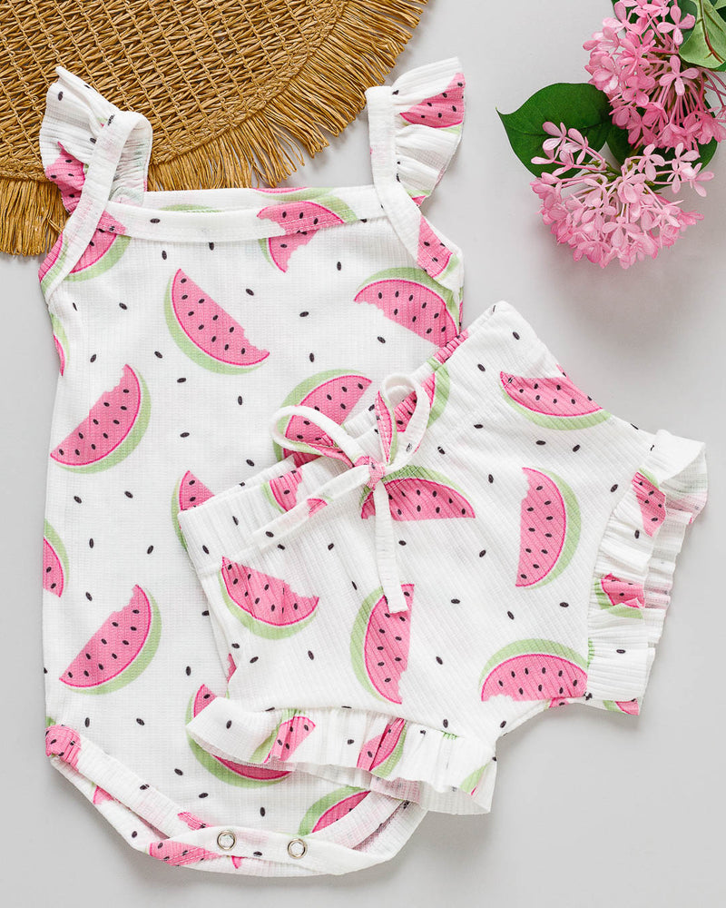 Conjunto Body Regata com Tapa Fralda de Babado Estampado Melancia