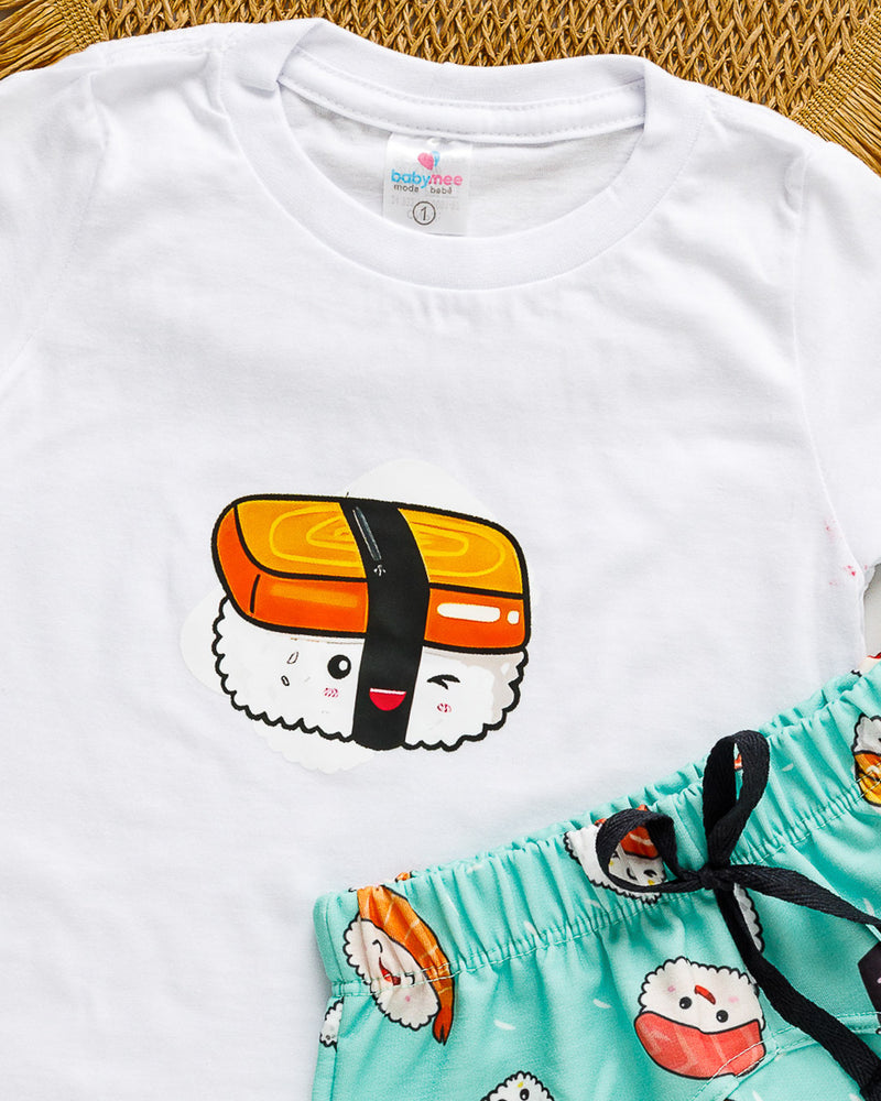 Conjunto Camiseta Long Line Bebê Curta Branco e Bermuda Saruel MoleCotton Sushi
