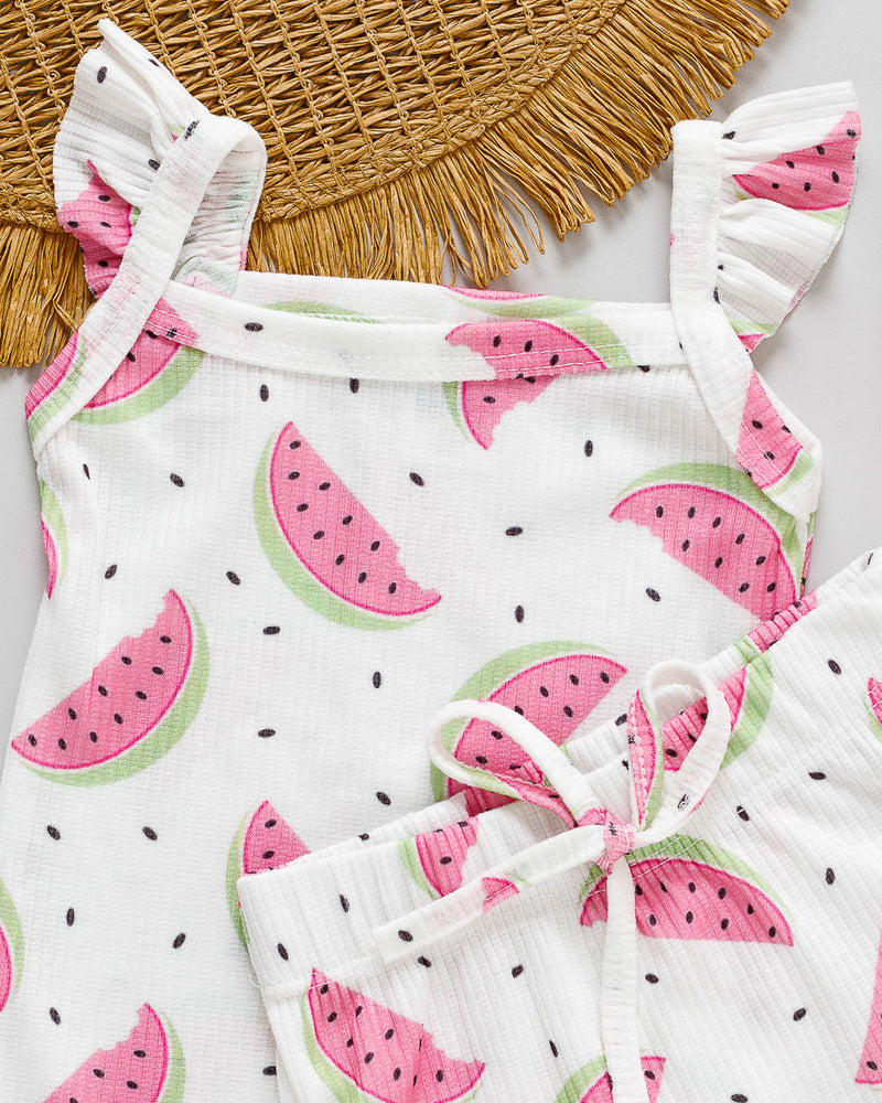 Conjunto Body Regata com Tapa Fralda de Babado Estampado Melancia
