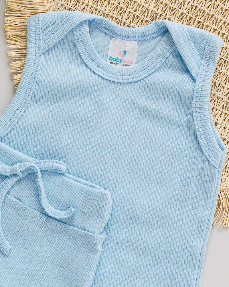 Conjunto Body Regata Canelado Azul Bebê com Tapa Fralda