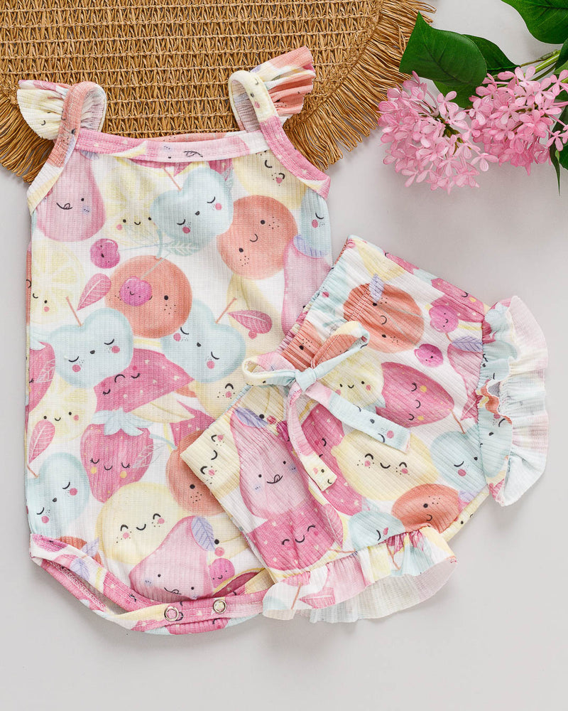 Conjunto Body Regata com Tapa Fralda de Babado Estampado Frutinhas