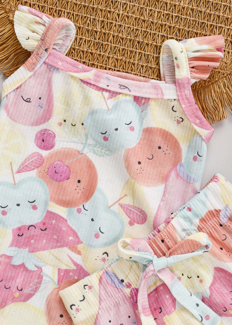 Conjunto Body Regata com Tapa Fralda de Babado Estampado Frutinhas