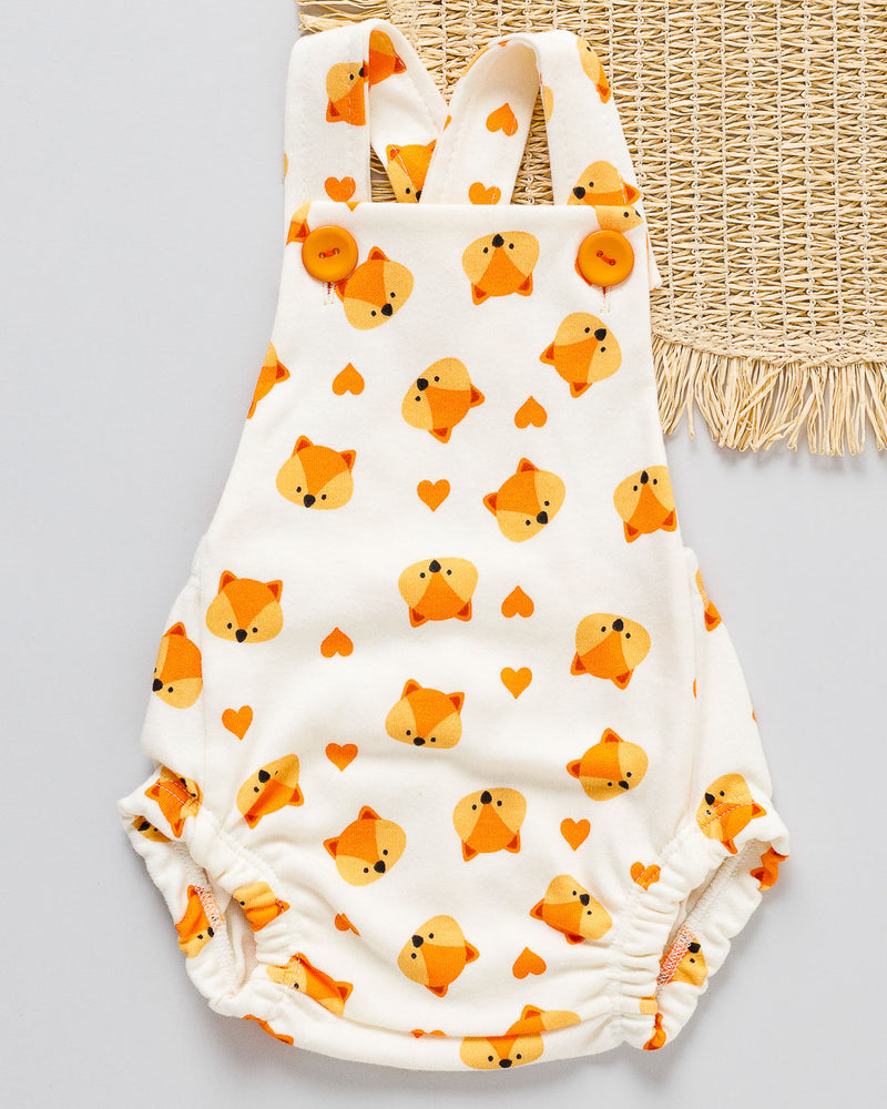 Jardineira Bebê Romper Suedine Off Estampada Raposinha