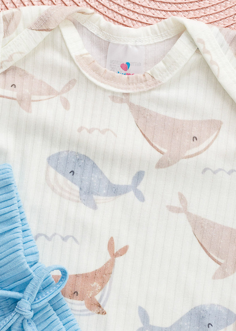Conjunto Body e Tapa Fralda Canelado Bebê Estampado Baleia