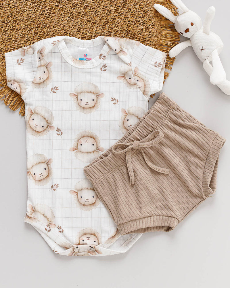Conjunto Body e Tapa Fralda Canelado Bebê Estampado Ovelhinha