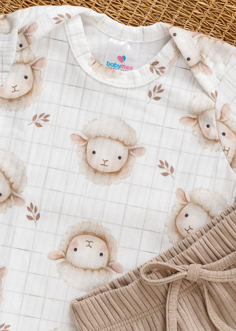 Conjunto Body e Tapa Fralda Canelado Bebê Estampado Ovelhinha