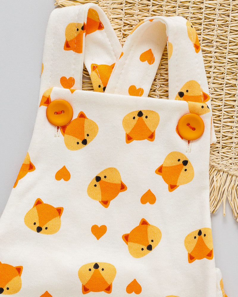 Jardineira Bebê Romper Suedine Off Estampada Raposinha