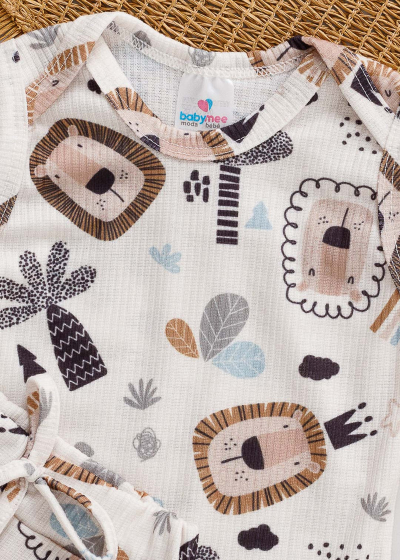 Conjunto Body Regata e Tapa Fralda Bebê Leãozinho Bege