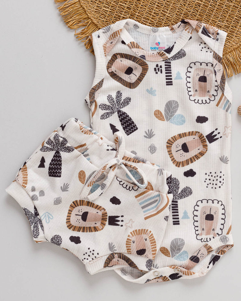 Conjunto Body Regata e Tapa Fralda Bebê Leãozinho Bege