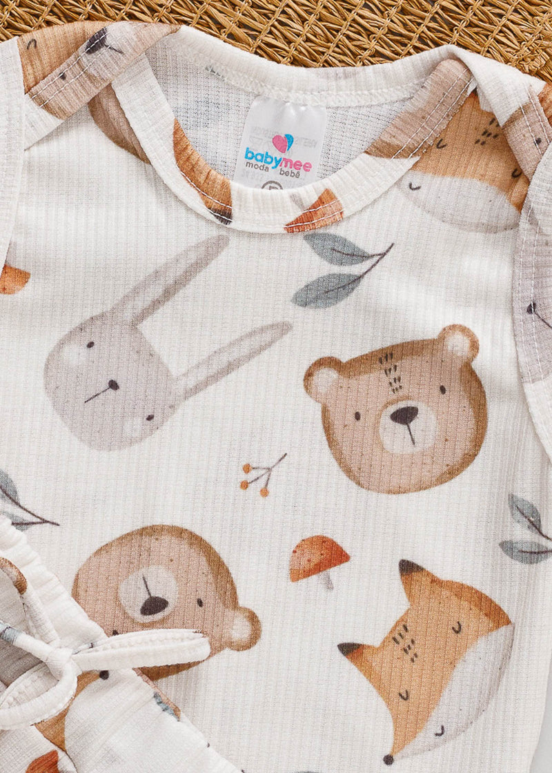 Conjunto Body Regata e Tapa Fralda Bebê Ursinho e Bichinhos Branco