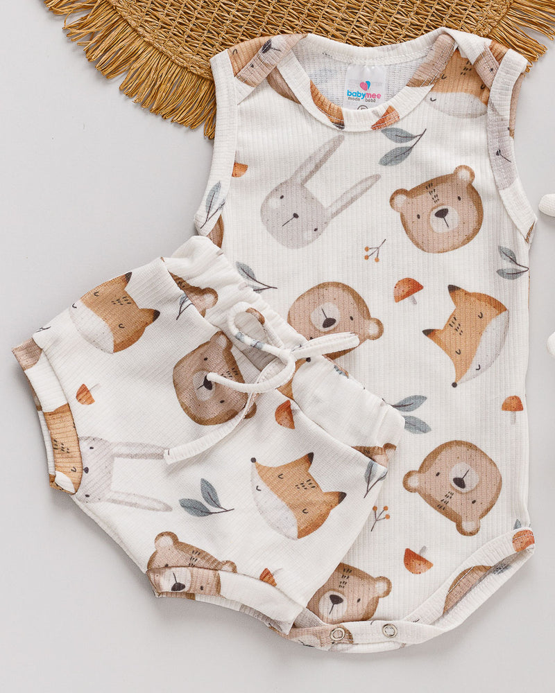Conjunto Body Regata e Tapa Fralda Bebê Ursinho e Bichinhos Branco