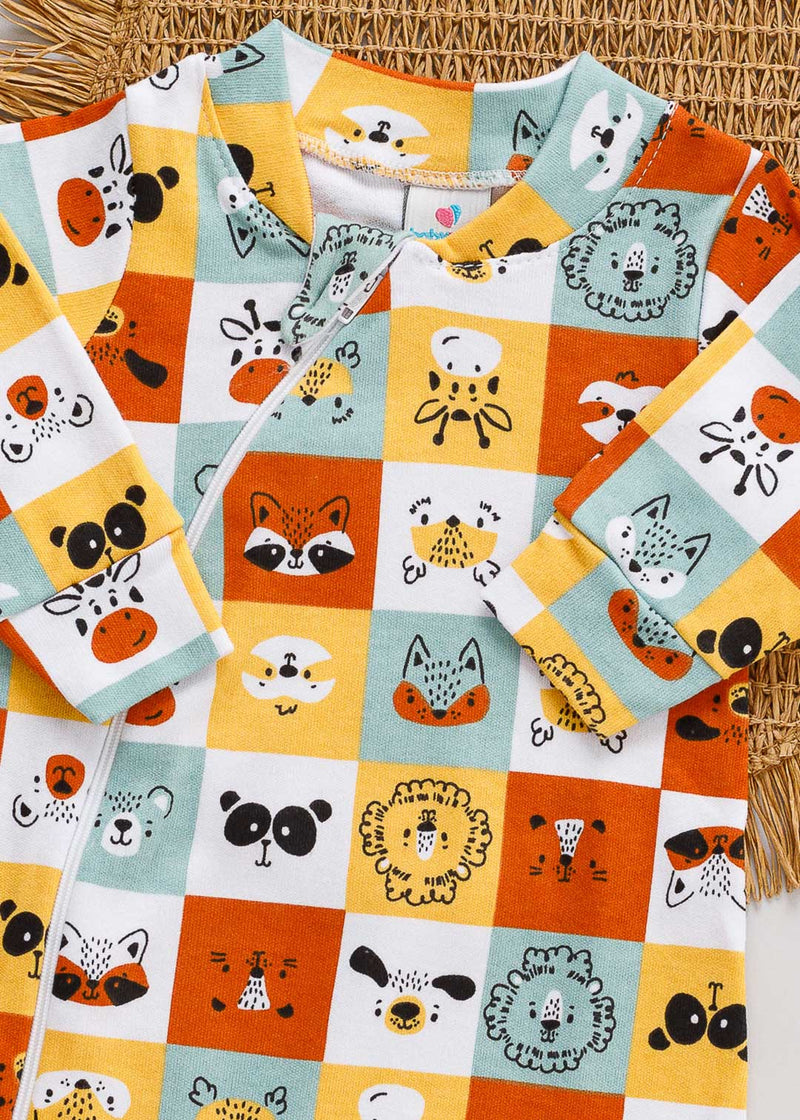 Macacão Bebê Suedine Estampado Quadrado Bichinhos