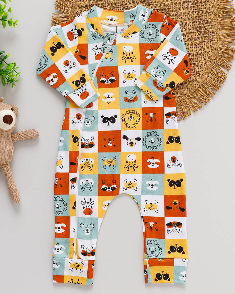 Macacão Bebê Suedine Estampado Quadrado Bichinhos