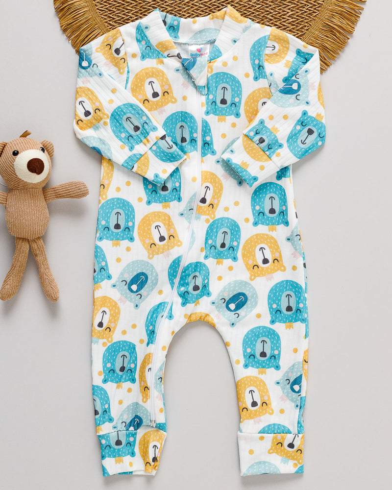 Macacão Bebê Canelado Estampado Azul Ursinho Coroa