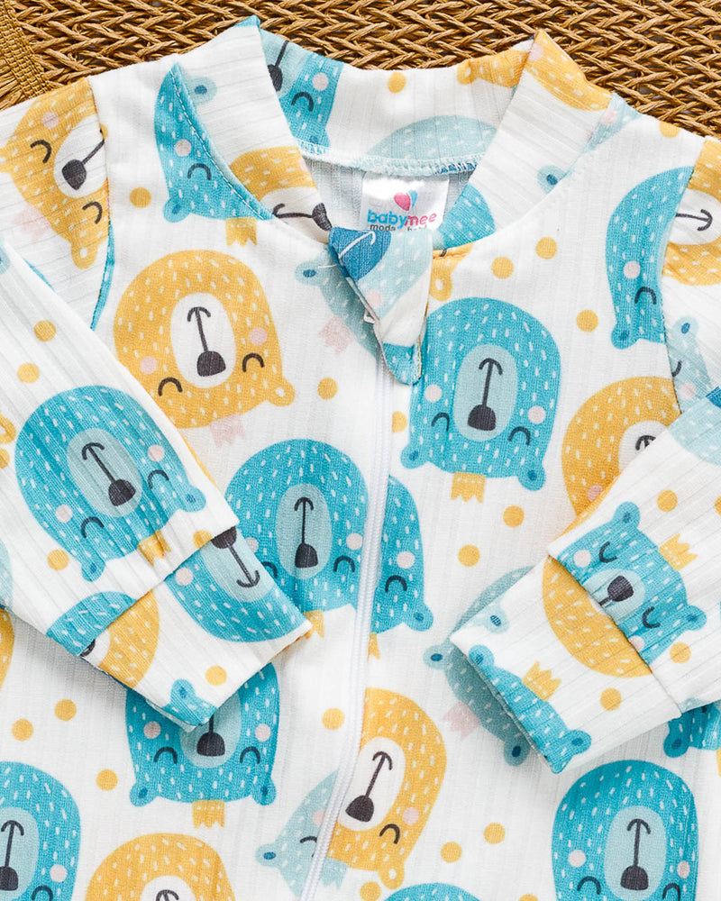 Macacão Bebê Canelado Estampado Azul Ursinho Coroa
