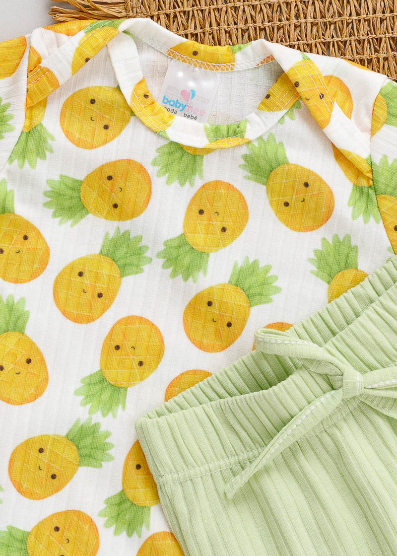 Conjunto Body e Tapa Fralda Canelado Bebê Estampado Abacaxi