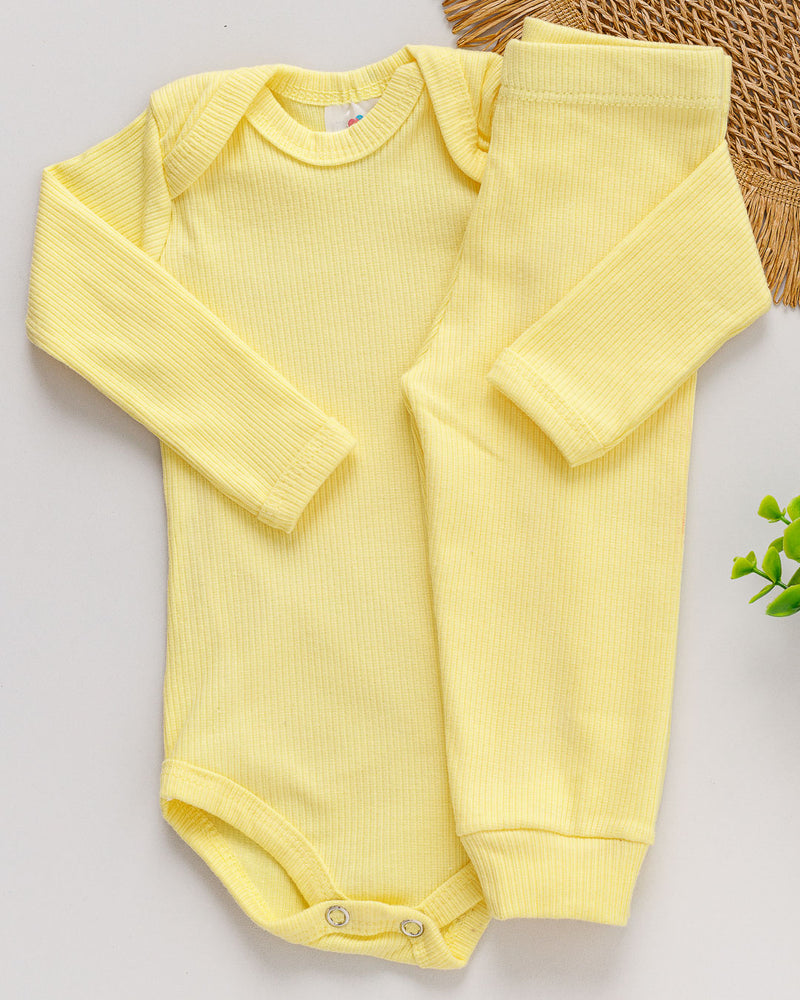 Conjunto Body Calça Bebê Canelado Amarelo