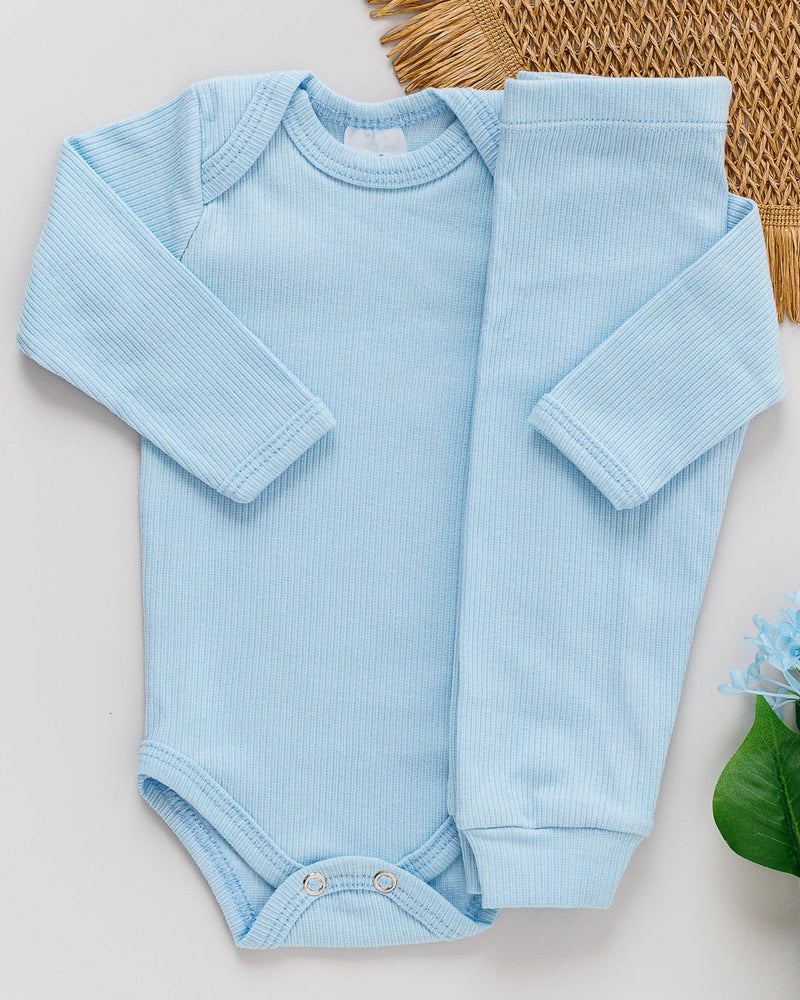 Conjunto Body Calça Bebê Canelado Azul Claro