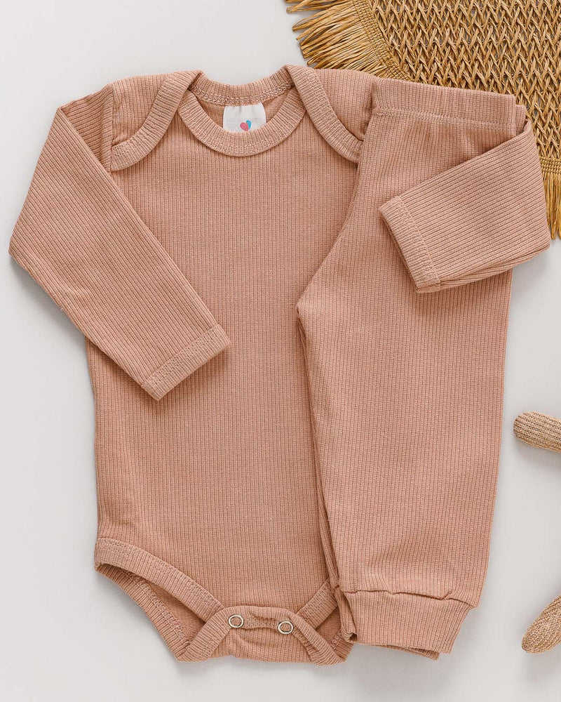 Conjunto Body Calça Bebê Canelado Marrom