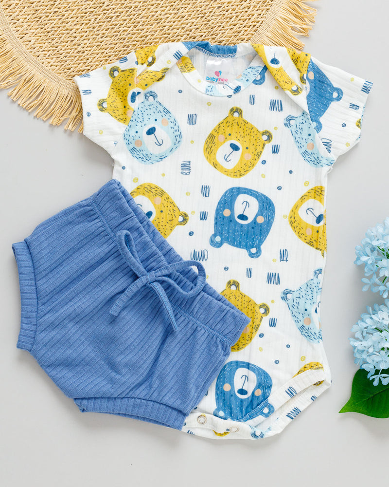 Conjunto Body e Tapa Fralda Canelado Bebê Estampado Ursinhos