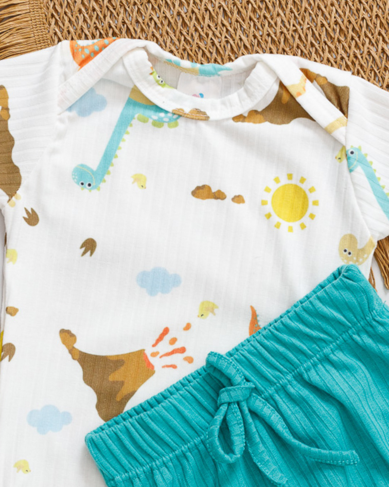 Conjunto Body e Tapa Fralda Canelado Bebê Estampado Dino Vulcão